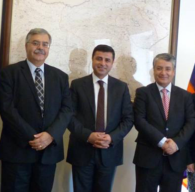 From left ARF-D Bureau member Hagop Der Khachadourian, BDP co-chairman Selahattin Demirtaş, and Head of the BDP foreign relations, elected from the region of Van, MP Nazmi Gür at the ANCA Washington office, on October 29, 2013.