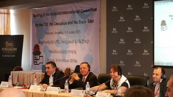 Archive photo from the Socialist International’s Committee for the CIS, the Caucasus and the Black Sea Convenes in Yerevan June 9, 2015.(L-R) Armen Rustamyan (Armenia ARF-D, co-chair of the committee), Secretary General Luis Ayala, Alexandra Dobolyi (Hungary MSzP, co-chair of the committee) and Oleg Tulea (Moldova PDM, vice-chair of the committee). 